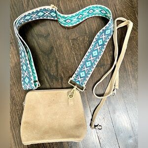 Tan Suede Crossbody Bag with Patterned Strap from Spain